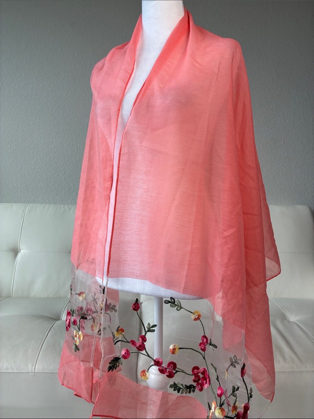 Embroidered Coral Floral Sheer Wrap Scarf
